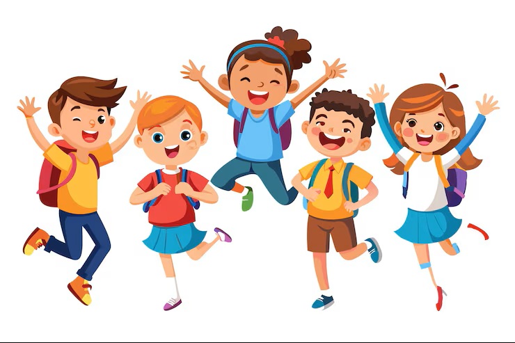 five happy children with backpacks jumping joy 9975 108521