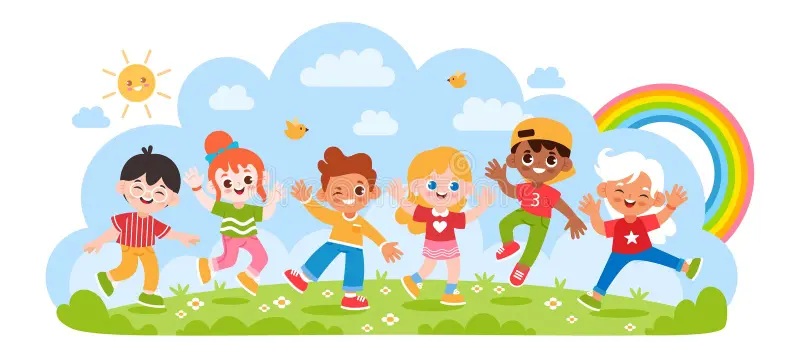 happy kids banner cartoon cute smiling children group childhood playing jumping sun rainbow joyful summer kid camps 379035372
